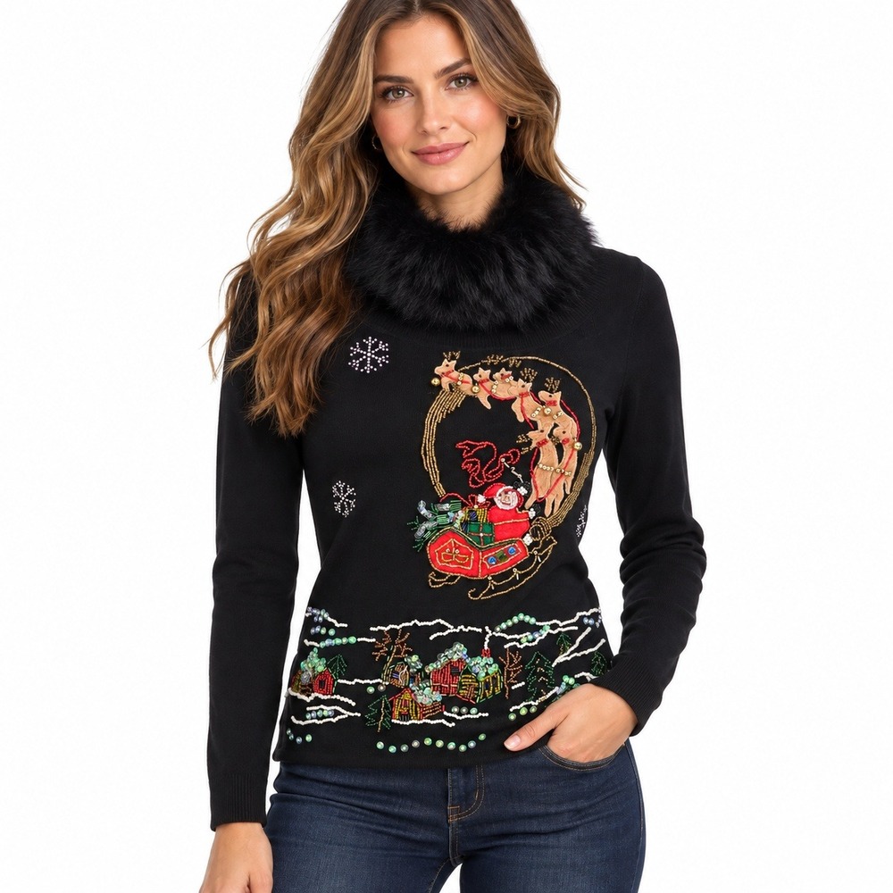 Vintage 90s Lisa International Christmas Sweater XL Blck Santa Reindeer Faux Fur